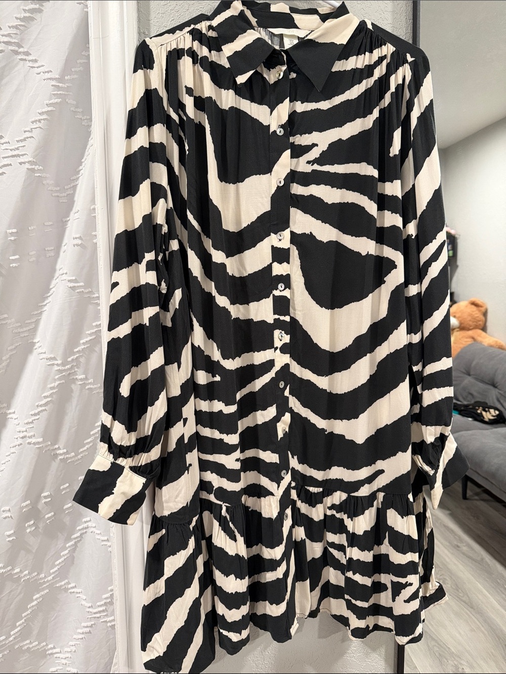 H&M Black and Cream Zebra-Print Button-Down Long sleeve Dress